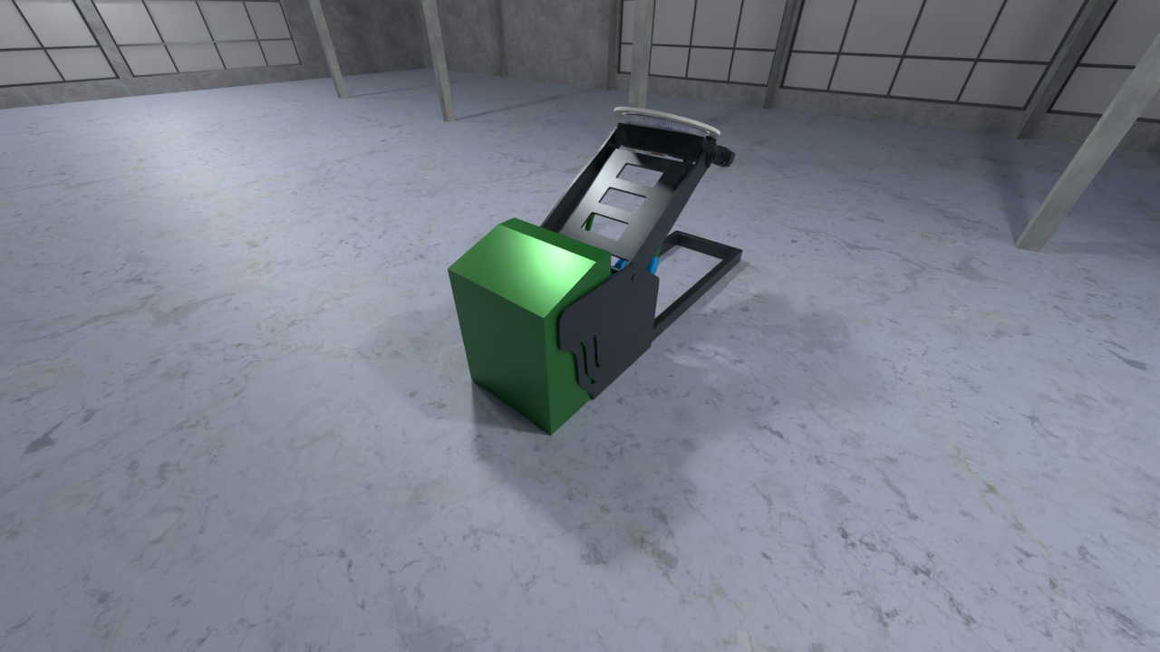 Silindirle tahrik edilen devirme mekanizmasının 3D render görseli